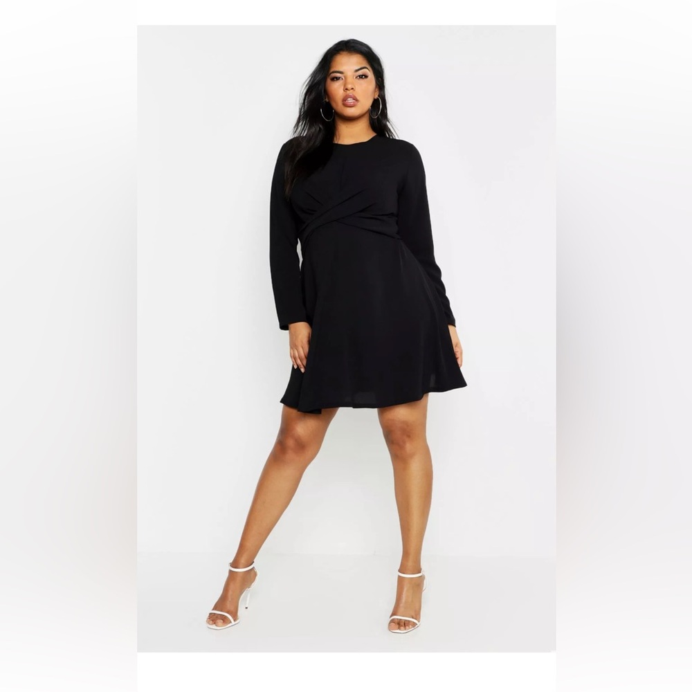 Boohoo Black Wrap Front Woven Skater Dress